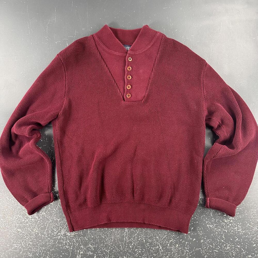 VTG Lands End Sweater Mens Medium Maroon Thermal Tight Knit Henley Military